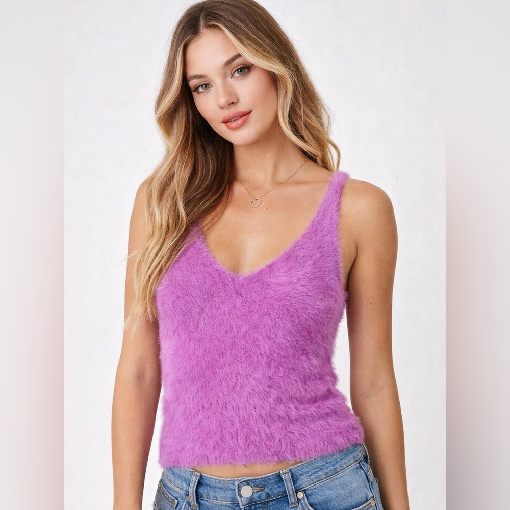 Astr Fuzzy V-Neck Tank Top in Lavender Purple
